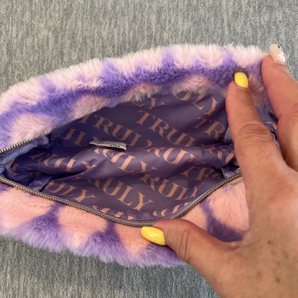 Truly Beauty Makeup Bag Fuzzy Heart Cosmetics Pouch Pink Purple Travel Small NEW